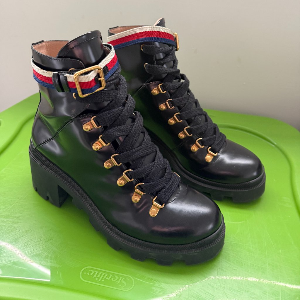 Gucci Calfskin Sylvie Web Lace Up Combat Boots 39 Black